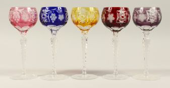 A SET OF FIVE COLOURED HOCK GLASSES, with grape and vine engraved decoration (one A/F). 8.25ins