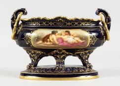 A 19TH CENTURY VIENNA PORCELAIN OVAL JARDINIERE, rich blue ground, edged in gilt and painted with