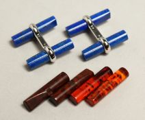 A GOOD SET OF 18ct WHITE GOLD VAN CLEEF AND ARPELS CUFFLINKS with interchangeable poles, lapis
