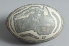 AN EMU EGG etched with a kangaroo and a map of Australia. 4.5ins high.