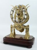 A 19TH CENTURY BRASS SKELETON CLOCK, with fusee movement on a mahogany base (lacking dome). 11ins