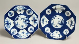 A PAIR OF BOW BLUE AND WHITE OCTAGONAL PLATES, circa. 1760 - 1765, with Chinese designs. 6.25ins