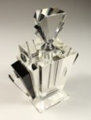 A GOOD ART DECO DESIGN CLEAR AND BLACK GLASS SCENT BOTTLE AND STOPPER.