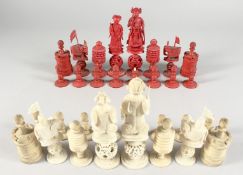 A GOOD MIXED SET OF CHINESE AND ENGLISH, CARVED AND STAINED IVORY/BONE CHESS PIECES. (32).
