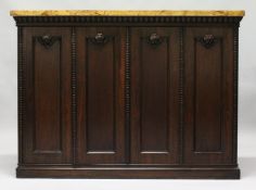 A 19TH CENTURY ROSEWOOD AND MARBLE FOUR DOOR SIDE CABINET, with painted faux rouge marbled top,