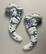 A GOOD PAIR OF WORCESTER BLUE AND WHITE CORNOCOPIA WALL VASES, Pseudo cross swords mark, circa. 1757