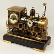 A GOOD STEAM TRAIN CLOCK AND BAROMETER with two dials, brass mounts on a marble base.
