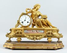 A 19TH FRENCH CENTURY ORMOLU MANTLE CLOCK, with eight day movement striking on a bell, the case with