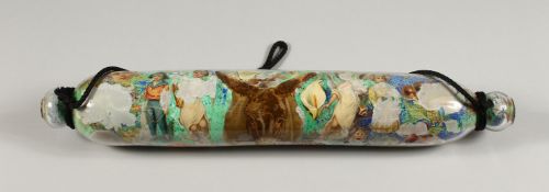 A GOOD VICTORIAN GLASS ROLLING PIN, 16ins long.