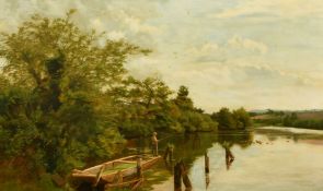 Charles Low, 19th/20th Century, A man standing on a punt fishing and a group of ducks gathered on
