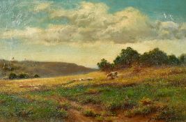 Davenport Bates (1867-1930) British, sheep and cattle on a hillside in summer, oil on canvas,