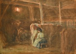 W. Evans Linton, Milkmaid in a barn, watercolour, signed 11.25