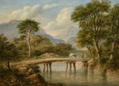 James Nasmyth (1808-1890) Scottish, An extensive mountain river landscape with a horse and figure