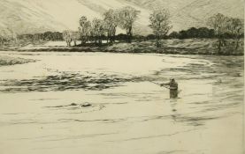 Norman Wilkinson (1878-1971) British, an angler wading in a wide river, etching, signed in pencil,