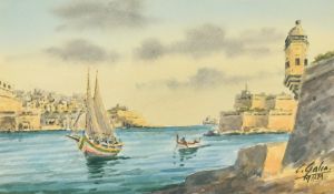 Carmelo Galea, Maltese, a view of traditional boats in a harbour in Malta, watercolour, signed, 4.