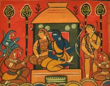 Jamini Roy (1887-1972) Indian, Krishna and a female figure in a temple with others in attendance,