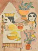 Badri Narayan (1929-2013) Indian, 'Homage to the Buddha's Begging Bowl', watercolour, signed