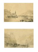 Two pencil sketches of Continental River scenes, framed in the same frame, each 4