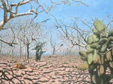 George Tincu (contemporary) Cactus and other trees in a desert with birds and an Iguana, oil on