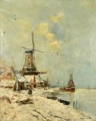 Early 20th Century Dutch School, figures and windmills by a waterway in winter, oil on canvas,