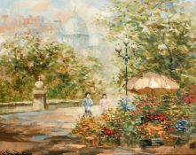 C. Pierre Latour (1935-2006), figures by a flower stall with the Sacre-Coeur Basilica beyond, oil on