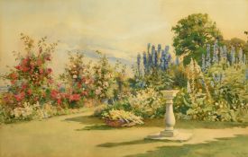 Ella du Cane (1874-1943) British, 'Delphiniums and Crimson Rambler with Mountains', watercolour,