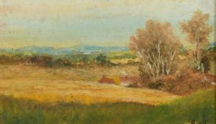 Late 19th Century English School, a view of a farm building with a smoking chimney, oil on panel,