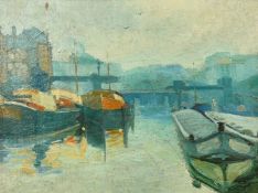 Early 20th Century, Barges moored on the river, oil on canvas, 17.5