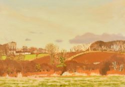 Robert Morson Hughes (1873-1953) British, Landscape with tree lined fields, oil on board, signed,