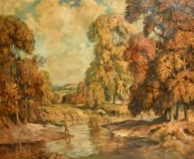 James Torrington Bell (1898-1970) British, figures on a tree lined river, oil on canvas, signed, 25