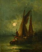 Rudolf Giffinger (19th Century), A Dutch barge unloading by moonlight, oil on panel, signed, 20.5