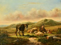 20th Century School, a young shepherd and his flock, oil on panel, 11.5