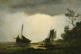 Adolphus Knell (1801-1875) Moored sailing boats on the coast with a grey stormy sky, oil on