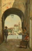 Henry Woods (1846-1921) British, figures in an archway by a Venetian canal, oil on canvas, signed,