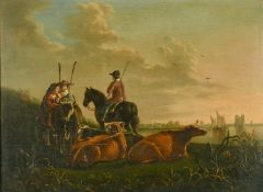 After Albert Cuyp, figures and cattle by a river, oil on oak panel, 12.5