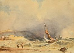 19th Century watercolour scene of boats at Beadnell Bay, Northumberland, 6.75