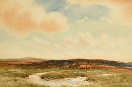 Wycliffe Egginton (1875-1951) British, cattle grazing on a moorland landscape, watercolour,