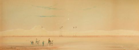 A. O. Lamplough, figures travelling in a desert with palm trees beyond, watercolour, signed and
