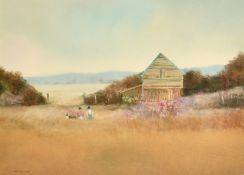 John Bond (20th Century) Figures having a picnic in an extensive landscape, oil on board, signed and