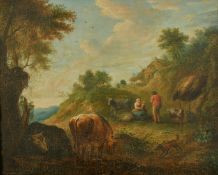 18th Century Continental School, Figures in a landscape with their animals, cows, goats and a dog,