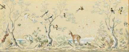 Modern British, A frieze of exotic birds and animals in a landscape, watercolour and gouache, 4.5