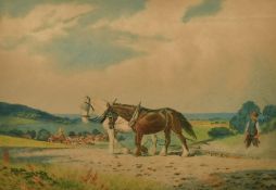 Joseph Kirkpatrick (1872-1930) British, a ploughing scene, aquatint in colour, signed in pencil,