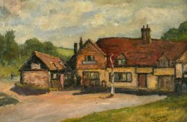 Percy Rendall (1872-1955) British, a view of figures by an inn, oil on board, signed, 12