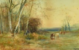 Henry Charles Fox (1855-1929) British, A landscape view with cattle drinking from a pool of water