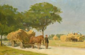 20th Century, Horse and hay carts in the field and on the track with figures, oil on canvas,