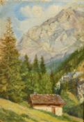 Circle of Edward Harrison Compton, A chalet on a hillside with pine trees and mountains beyond,