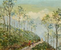 Ramanayake, Sri Lankan, A pair, figures on forest tracks, oils on canvas board, both signed and