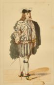 A group of nine hand coloured French prints of historical costumes, 8.5