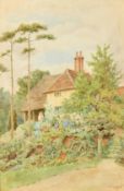 Thomas Nicholson Tyndale (1860-1930) British, figures in a blooming cottage garden, watercolour,