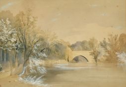Circle of G B Campion, 'Denwick Bridge', watercolour heightened with white, inscribed, 8.75